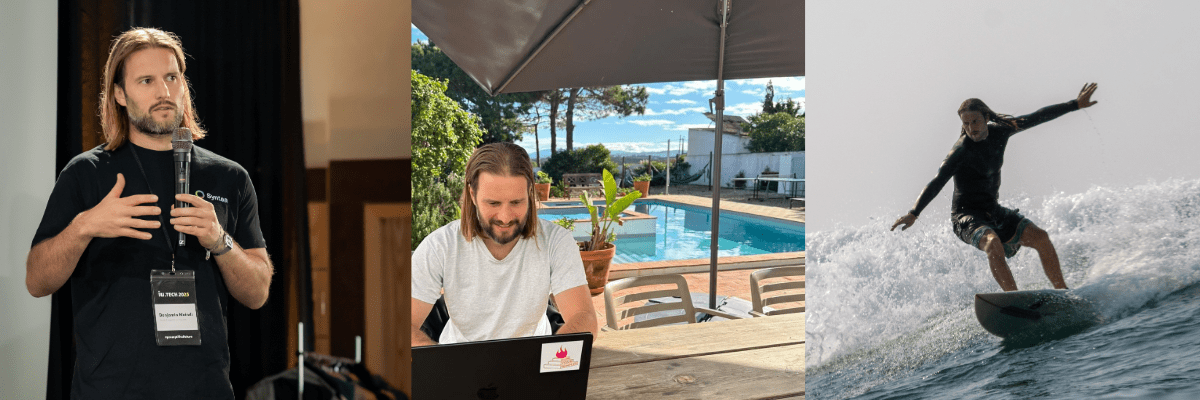 Collage of Benjamin: 1. as speaker, 2. workation in Portugal, 3. surfing